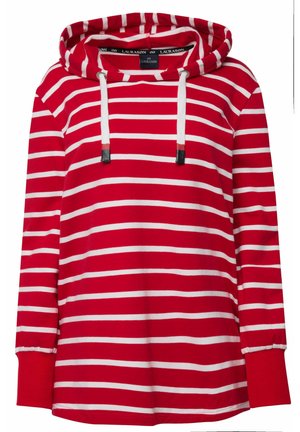 Sudadera a rayas rojas y blancas en tela suave. Cuenta con un bolsillo canguro, capucha con cordón y puños acanalados. Corte relajado con un diseño casual.