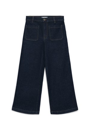 Jeans a gamba larga di colore blu scuro realizzati in denim, dotati di chiusura con bottone, passanti per cintura e due tasche posteriori con cuciture visibili.