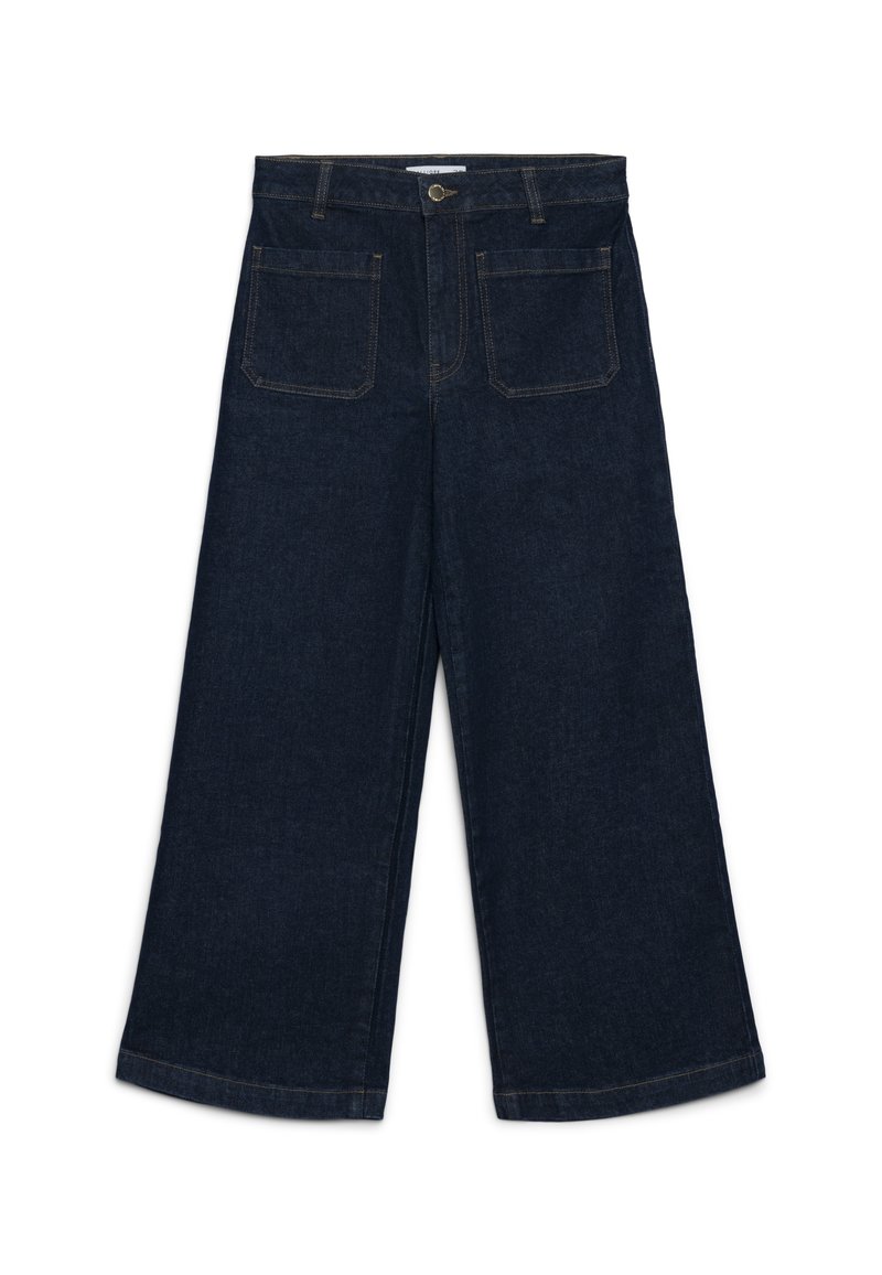 Jeans a gamba larga di colore blu scuro realizzati in denim, dotati di chiusura con bottone, passanti per cintura e due tasche posteriori con cuciture visibili.