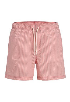 Costume da bagno con righe verticali rosse e bianche, con vita elasticizzata e coulisse bianca su sfondo bianco.