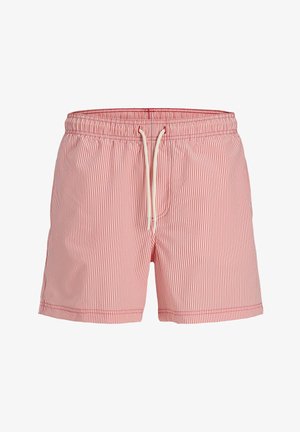 Costume da bagno con righe verticali rosse e bianche, con vita elasticizzata e coulisse bianca su sfondo bianco.