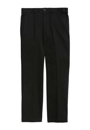 Pantaloni chino neri con fronte piatto, due tasche laterali e una tasca posteriore. Tessuto liscio con una leggera lucentezza. Chiusura con bottone in vita.