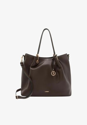 Borsa a tracolla in pelle marrone scuro con finitura testurizzata, dotata di due manici lunghi, una tracolla rimovibile e un pendente con il logo.