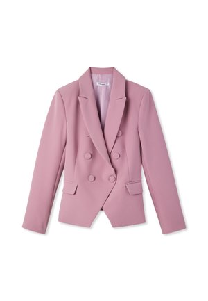 Blazer doppiopetto rosa chiaro con revers a lancia, maniche lunghe, due tasche frontali e sei bottoni sul davanti, disposto in piano.