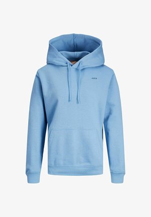 Šviesiai mėlynas džemperis su gobtuvu, priekinė kišenė ir raišteliai. Ant krūtinės yra mažas logotipas. Minkštas audinio paviršius.