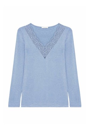 Light blue long-sleeve top with a V-neck, featuring a lace accent around the neckline and a soft, textured fabric.