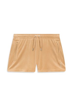 Zandkleurige fluwelen korte broek met een elastische tailleband met trekkoord, zijritspockets en een decoratieve logo-accent aan de onderkant aan de zijkant.