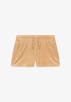 Zandkleurige fluwelen korte broek met een elastische tailleband met trekkoord, zijritspockets en een decoratieve logo-accent aan de onderkant aan de zijkant.