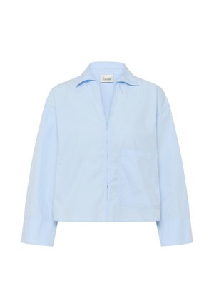 Világoskék hosszú ujjú ing gallérral, elöl gombokkal, nagy zsebből a bal oldalon, és laza fazonban.