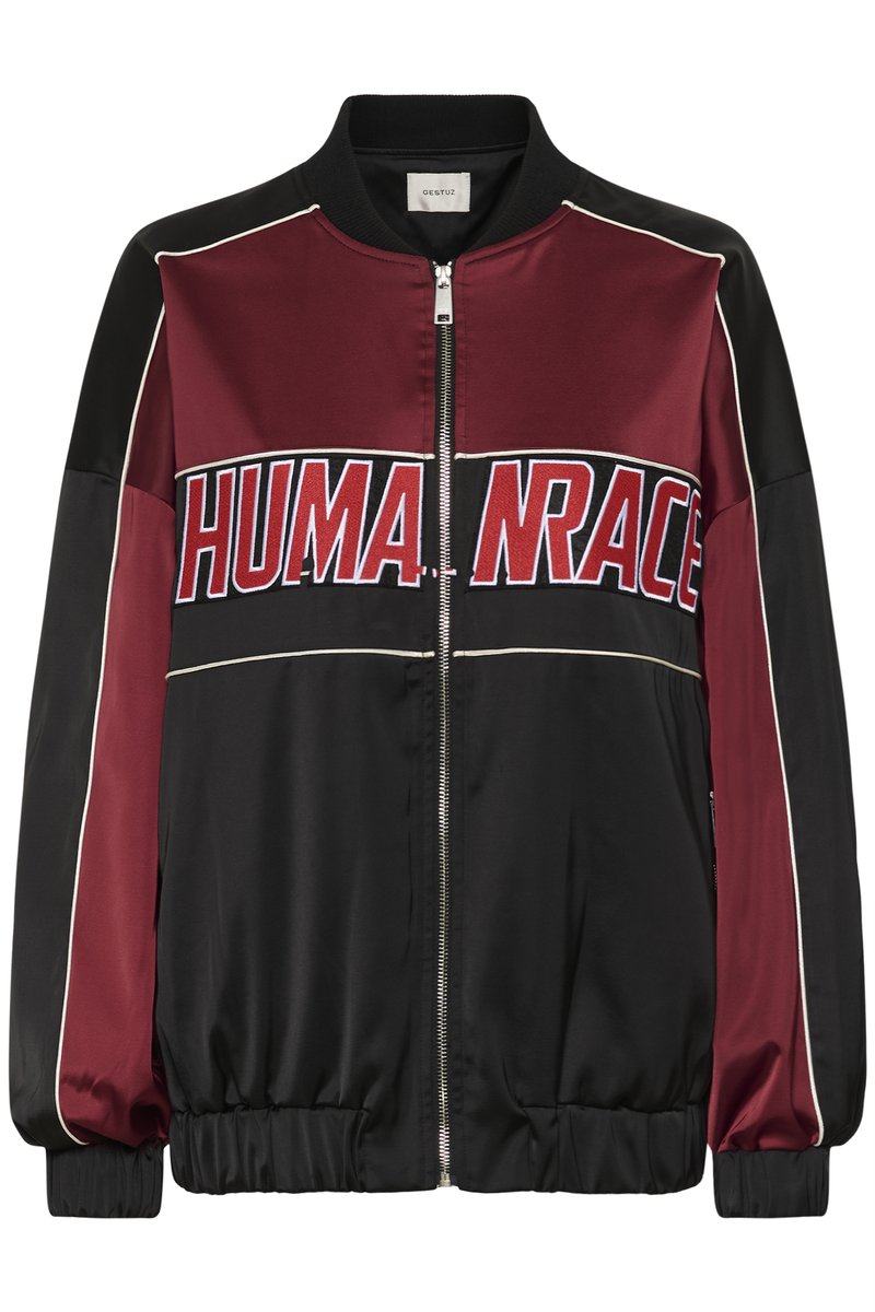 Black and burgundy zip-up bomber jacket with white piping and large "HUMAN RACE" text across the chest.