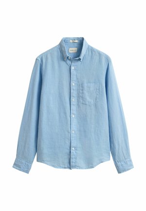 Light blue long-sleeve button-up shirt with button-down collar and chest pocket, displayed flat against a white background.
