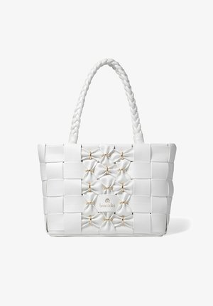 Borsa a spalla bianca intrecciata realizzata in materiale testurizzato, con manico intrecciato e dettagli in tono oro con fiocchi sulla parte anteriore.