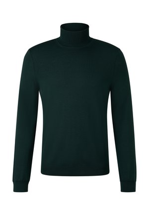 Tmavě zelený rolák vyrobený z hladké pleteniny. Má dlouhé rukávy a přiléhavé manžety. Jednoduchý, minimalistický design bez vzorů.