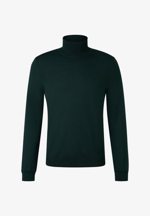Mørkegrøn turtleneck sweater lavet af et glat strikket materiale. Har lange ærmer og tætsiddende manchetter. Simpelt, minimalistisk design uden mønstre.