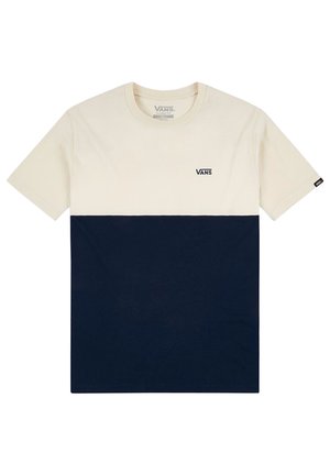 Kortærmet Vans t-shirt med cremefarvet øverste halvdel, navyblå nederste halvdel og lille sort Vans-logo på venstre bryst.