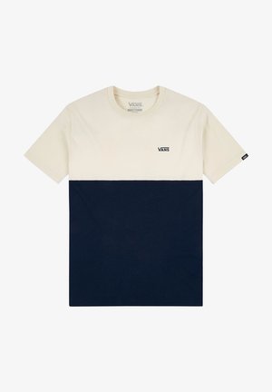 Koszulka Vans z krótkim rękawem, kremową górną połową, granatową dolną połową i małym czarnym logo Vans po lewej stronie klatki piersiowej.