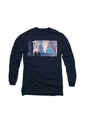 Long-sleeve navy shirt featuring a colorful graphic with "Dance to your own beat," depicting a dancer and floral elements. Soft fabric texture.