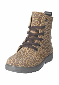 Stivale alla caviglia in miniatura con tessuto a stampa leopardata, lacci neri e suola in gomma nera spessa.