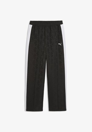 Czarne spodnie dresowe Puma z białymi bocznymi paskami i elastycznym pasem, z subtelnym wzorem i logo Puma na prawej części uda.