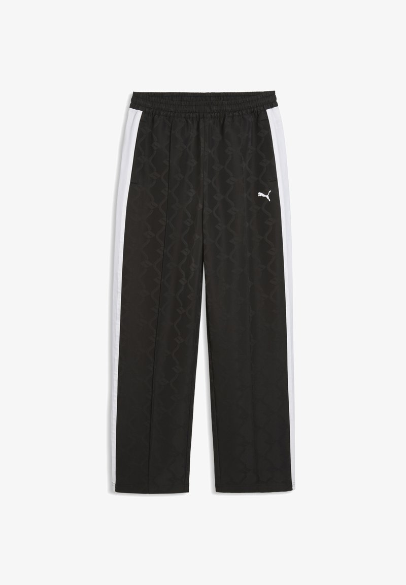 Pantalon de survêtement noir Puma avec des bandes blanches sur les côtés et une taille élastique, présentant un motif subtil et le logo Puma sur la cuisse droite.