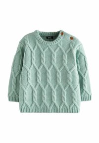 Pull en maille vert menthe avec un motif en cable, encolure ronde et deux boutons en bois à l'épaule. Ourlet et poignets à côtes.