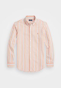 Camisa de manga larga a rayas con rayas verticales en tonos de naranja pastel, azul y blanco. Cuello tipo button-down y logo bordado en el pecho.