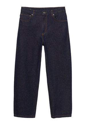 Blugi din denim albastru închis, cu croială dreaptă, având cinci buzunare, cusături cu fir de cupru și închidere cu nasture în talie.