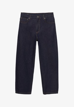 Tamno plave traper hlače ravnog kroja, s pet džepova, bakrenim šavovima i zatvaranjem na gumb u struku.