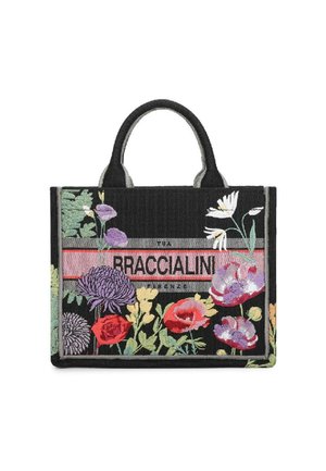 Borsa tote nera con fiori colorati ricamati e testo "BRACCIALINI" su una striscia orizzontale rosa, dotata di due manici corti.