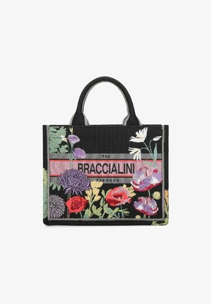 Borsa tote nera con fiori colorati ricamati e testo "BRACCIALINI" su una striscia orizzontale rosa, dotata di due manici corti.
