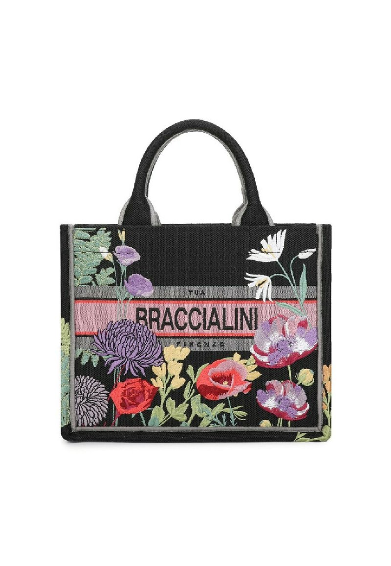 Borsa tote nera con fiori colorati ricamati e testo "BRACCIALINI" su una striscia orizzontale rosa, dotata di due manici corti.