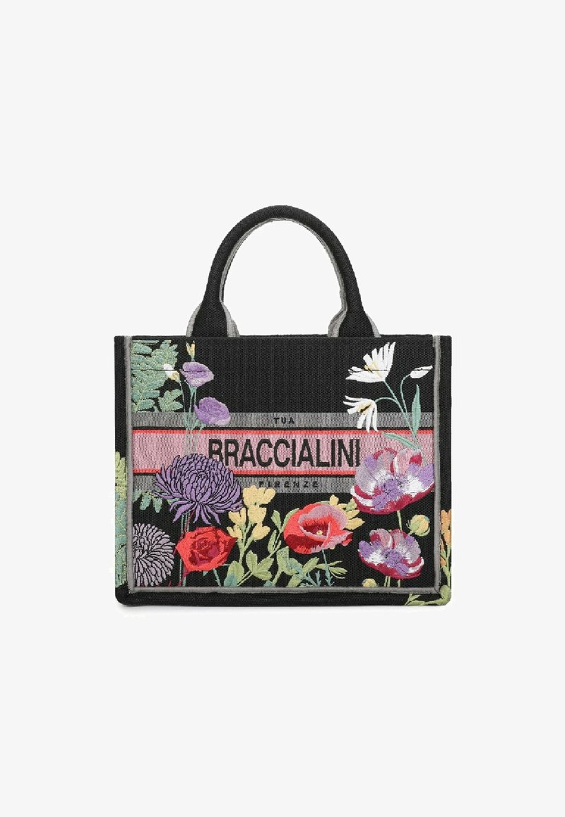 Borsa tote nera con fiori colorati ricamati e testo "BRACCIALINI" su una striscia orizzontale rosa, dotata di due manici corti.