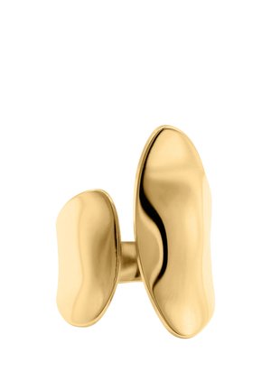 Bague en or poli avec deux bandes irrégulières, lisses, en forme de galets, reliées par un pont étroit en or.