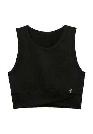 Černý atletický crop top vyrobený z měkkého materiálu, s kulatým výstřihem, širokými ramínky a logem na lemu. Hladká textura.