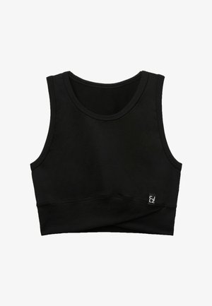 Black crop top made of soft fabric with a rounded neckline, wide armholes, and a subtle logo tag on the hem. Smooth texture, simple design.