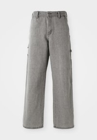 Gray cargo pants with a loose fit, featuring side pockets and a zip fly. Made from denim, they have a smooth texture and clean seams.
