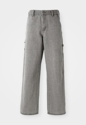 Grå cargobyxor med löst snitt, med sidofickor och dragkedja. Tillverkade av denim, de har en slät yta och rena sömmar.