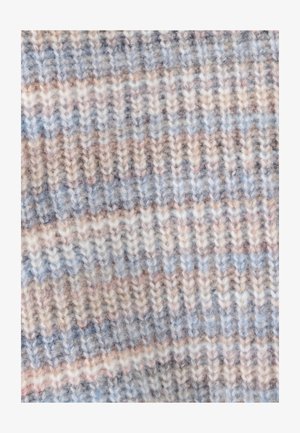 Tessuto lavorato a maglia in morbida lana presenta righe alternate di azzurro chiaro, beige e bianco con una texture pelosa e un pattern di punti visibili.