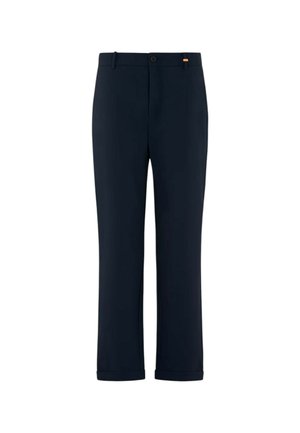 Pantaloni blu navy realizzati in tessuto liscio, con vestibilità classica, chiusura con bottone, passanti per cintura e caviglie leggermente rastremate.