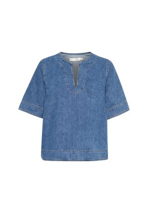 Heledsinine teksajakk V-kaelusega ja lühikeste varrukatega. Disain sisaldab kontrastset õmblust ja laia, kastilist lõiget.