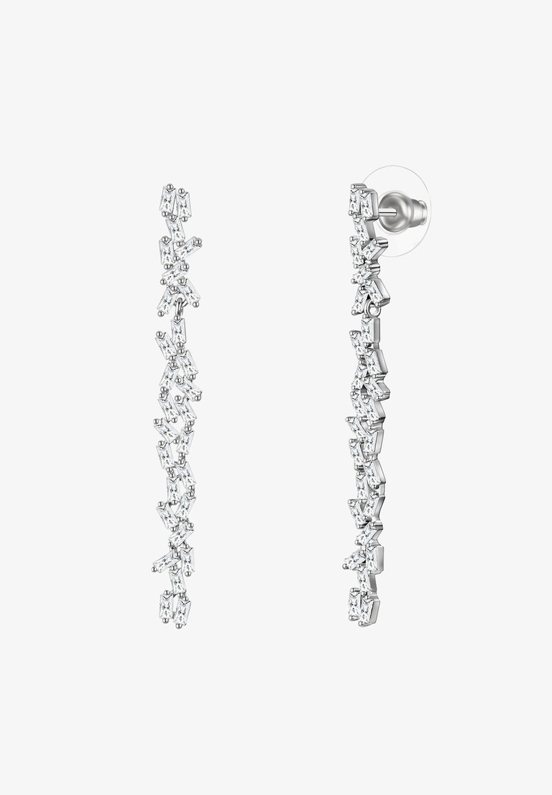 Hõbedatooni kõrvarõngad, millel on teisejärgulise kujundusega vahelduvad ristkülikulised ja kolmnurkse selge kristallid, kinnitatud selgete nupuvõrudega.