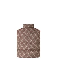 Kamizelka pikowana z wysokim kołnierzem, z brązowym i kremowym wzorem liści. Wykonana z ocieplonego materiału, zaprojektowana z myślą o ciepłości i komforcie.