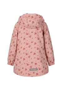 Roze waterdichte jas met een rood bloemenpatroon. Heeft een capuchon, elastische manchetten en een merklabel aan de zoom. Het ontwerp is glad en gestructureerd.