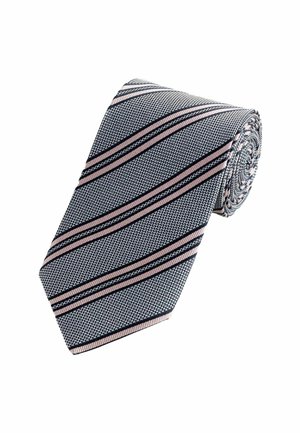 Tengerészkék nyakkendő, fényes rózsaszín és fehér átlós csíkozással, textúrált anyagmintával és klasszikus, keskeny fazonnal.