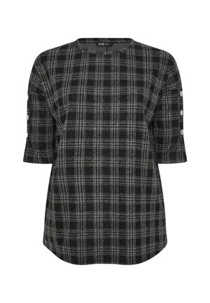 Top a cuadros negro y gris con mangas cortas, que presenta botones decorativos en las mangas y un escote redondo. Tejido suave y texturizado.