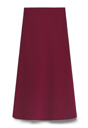 Gonna midi bordeaux a linea A con vita alta e tessuto liscio, progettata senza motivi o decorazioni.