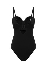 Zwart éénstukbadpak met verstelbare dunne bandjes, cups met beugel en een kleine uitsnijding aan de voorkant onder de buste.