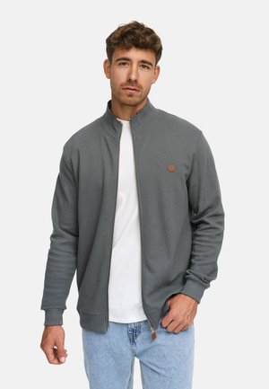 Young man with short curly hair wearing a gray zip-up jacket over a white t-shirt and light blue jeans, standing against a white background.