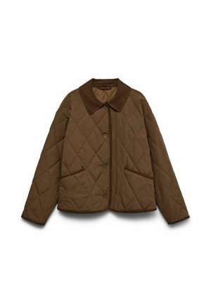 Veste matelassée marron avec un col en velours côtelé, dotée de deux poches avant et d'une fermeture à boutons. Le tissu a une texture lisse et un motif en losanges.