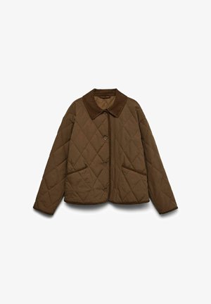 Brązowa pikowana kurtka z kołnierzem z materiału sztruksowego, z dwiema przednimi kieszeniami i zapięciem na guziki. Tkanina ma gładką fakturę i wzór w diamenty.